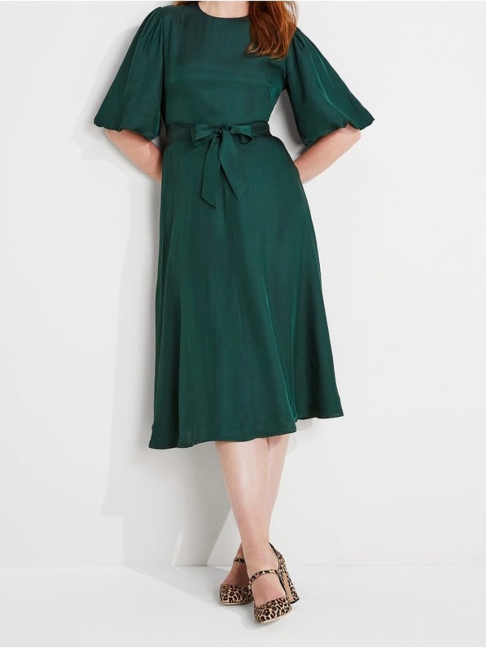 kate spade Emerald Green Tie-Waist Midi Dress with Puff Sleeves